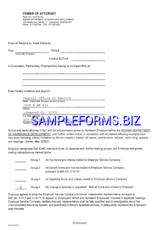 Indiana Employer's Powers of Attorney Form pdf free
