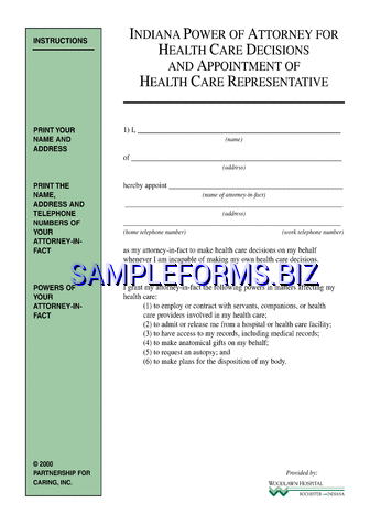 Indiana Health Care Power of Attorney Form pdf free